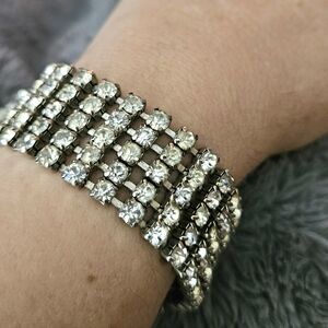 Mid-century Rhinestone Bracelet Vintage Retro Antique Silver Tone 7" Wrist
